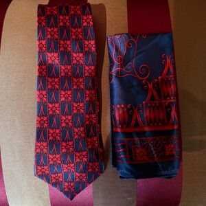 Silk Tie and pocket square / Navy Blue and Red